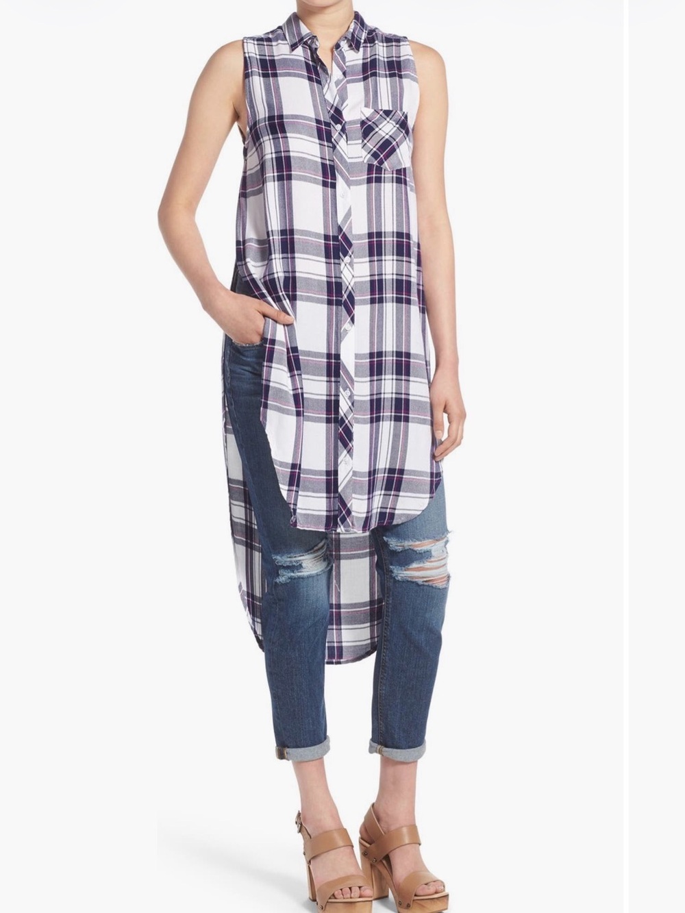 Rails Jordyn Plaid Sleeveless Longline Tunic Medium White Navy Purple High Low